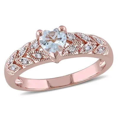1/3 ct. t.g.w. Aquamarine and 1/10 t.w. Diamond Heart Ring Rose Plated Sterling Silver