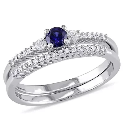 1/3 ct. t.g.w. Created Blue and White Sapphire 1/10 t.w. Diamond Bridal Ring Set Sterling Silver