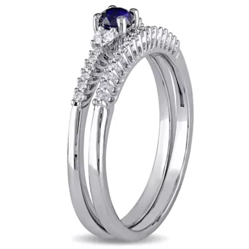 1/3 ct. t.g.w. Created Blue and White Sapphire 1/10 t.w. Diamond Bridal Ring Set Sterling Silver