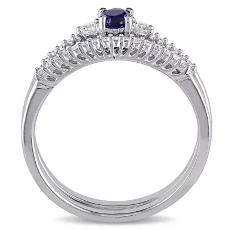 1/3 ct. t.g.w. Created Blue and White Sapphire 1/10 t.w. Diamond Bridal Ring Set Sterling Silver