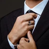 Black Onyx Men's Ring Yellow Plated Sterling Silver with Rhodium