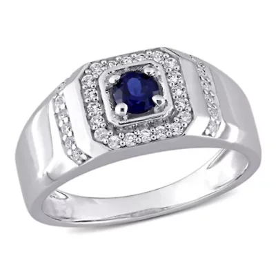 Lab Created Blue and White Sapphire Men's Ring Sterling Silver