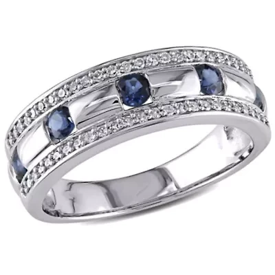 1/4 ct. t.w. Diamond and Sapphire Wedding Band Ring 10K White Gold