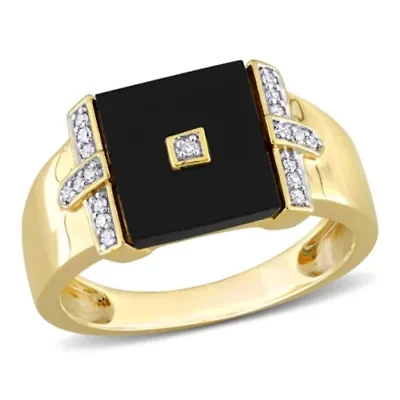 1/10 ct. t.w. Diamond and Black Onyx Men's Ring Yellow Plated Sterling Silver