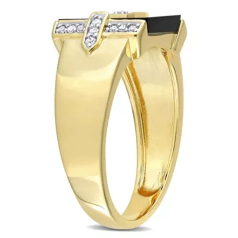 1/10 ct. t.w. Diamond and Black Onyx Men's Ring Yellow Plated Sterling Silver