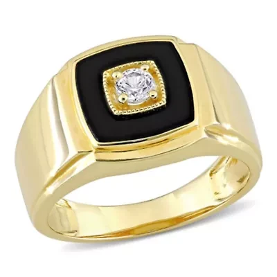 Lab Created Black Onyx and White Sapphire Men's Ring Yellow Plated Sterling Silver