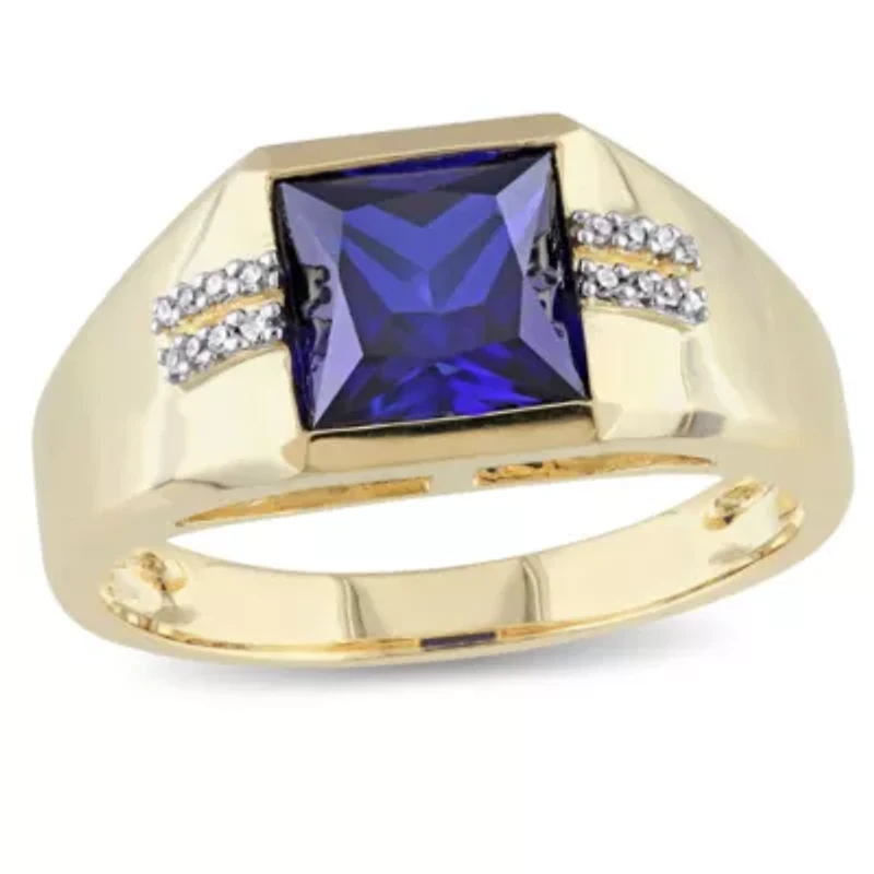 Lab Created 1/10 ct. t.w. Diamond and Blue Sapphire Men's Ring 10K Yellow Gold