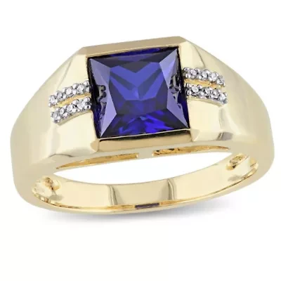 Lab Created 1/10 ct. t.w. Diamond and Blue Sapphire Men's Ring 10K Yellow Gold