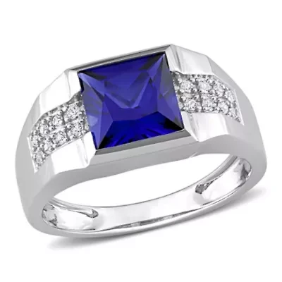 Lab Created Blue and White Sapphire Men's Ring 10K Gold