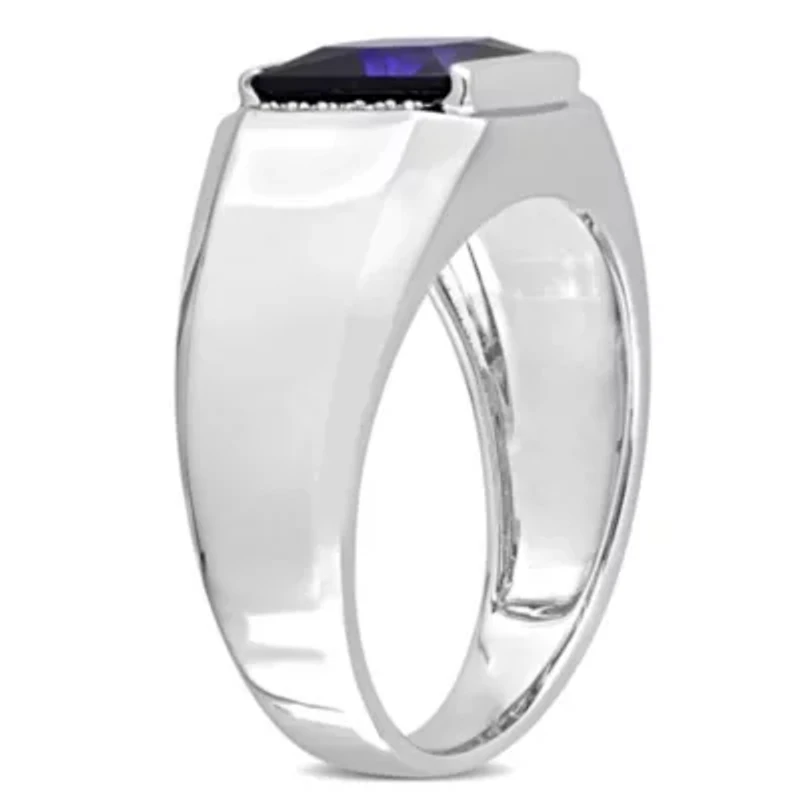 Lab Created 1/10 ct. t.w. Diamond and Blue Sapphire Men's Ring 10K White Gold