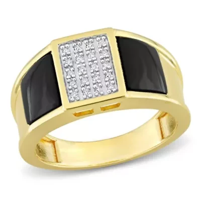 1/10 ct. t.w. Diamond and Black Onyx Men's Ring Yellow Plated Sterling Silver