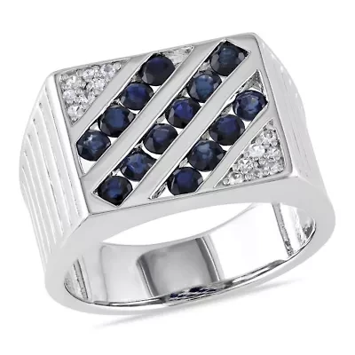 Blue and White Sapphire Men's Ring Sterling Silver