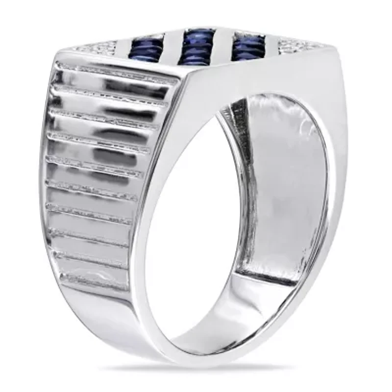 Blue and White Sapphire Men's Ring Sterling Silver