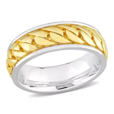 Ribbed Design Men's Ring Sterling Silver with Yellow Gold Plated