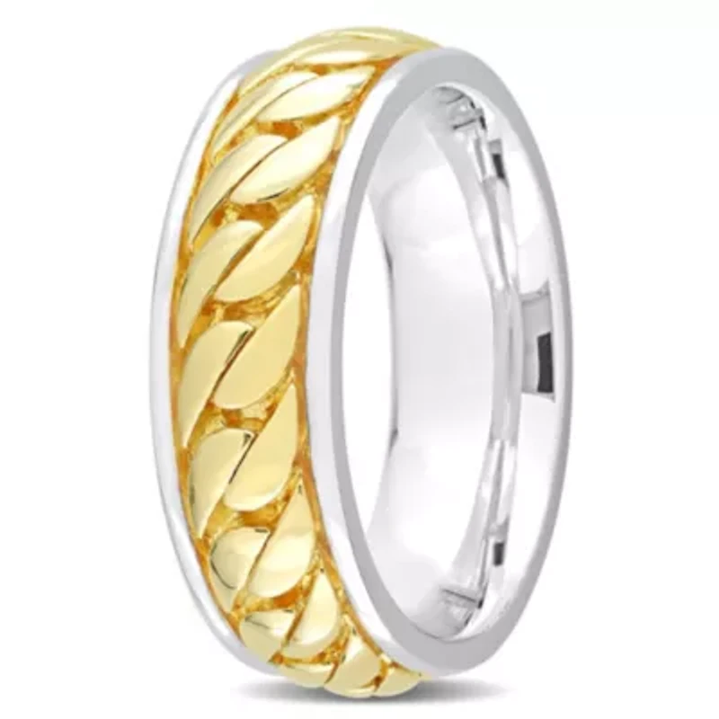 Ribbed Design Men's Ring Sterling Silver with Yellow Gold Plated