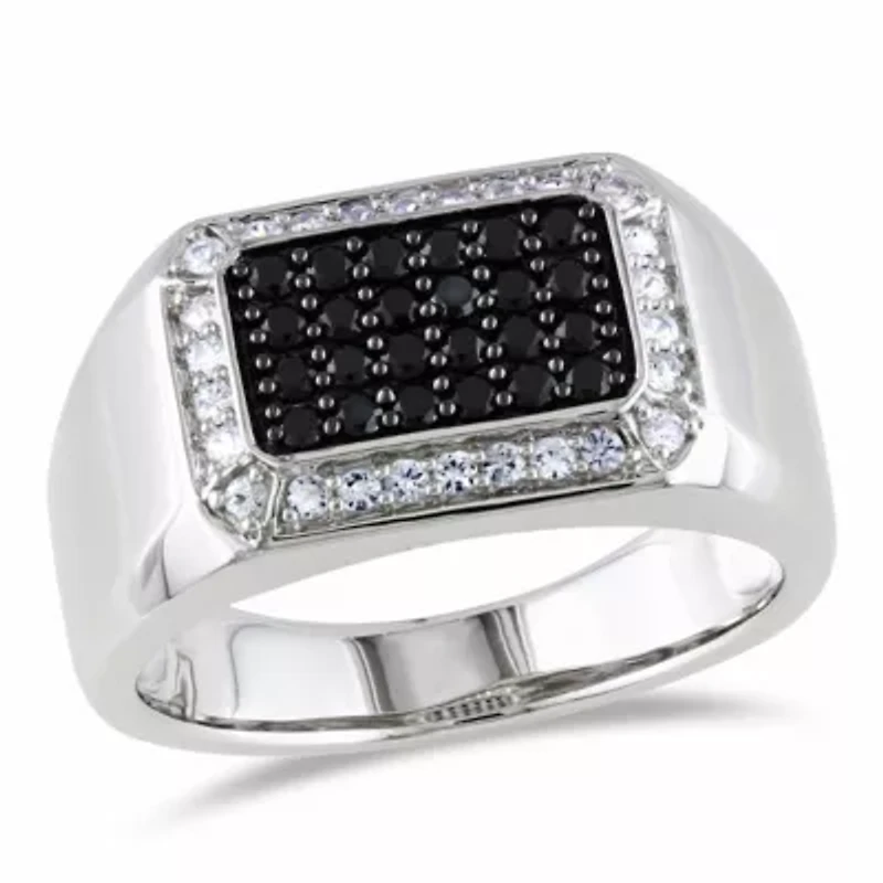 Black Spinel and White Sapphire Men's Ring Sterling Silver with Rhodium Plated
