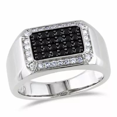 Black Spinel and White Sapphire Men's Ring Sterling Silver with Rhodium Plated