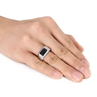Black Spinel and White Sapphire Men's Ring Sterling Silver with Rhodium Plated