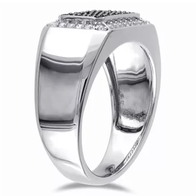 Black Spinel and White Sapphire Men's Ring Sterling Silver with Rhodium Plated