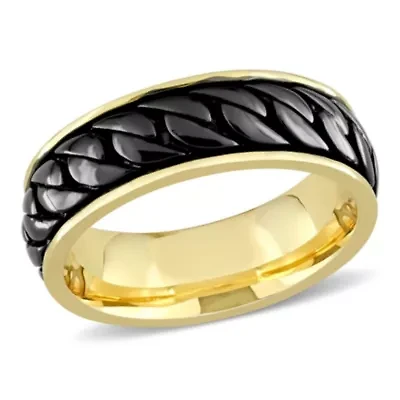 Ribbed Design Men's Ring Yellow Plated Sterling Silver with Black Rhodium
