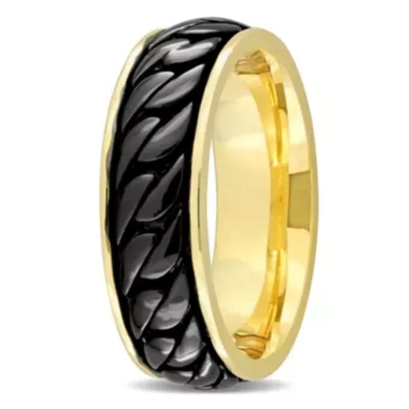 Ribbed Design Men's Ring Yellow Plated Sterling Silver with Black Rhodium