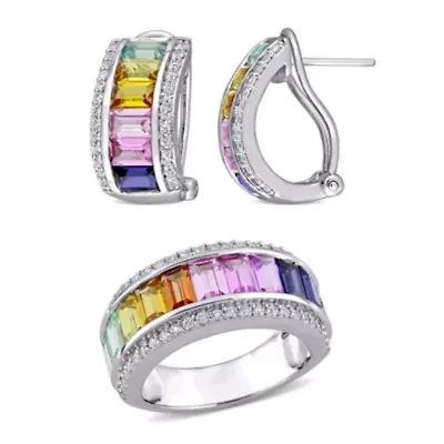 Lab Created 2 Piece Set of Multi-Color Sapphire Earrings & Ring Sterling Silver