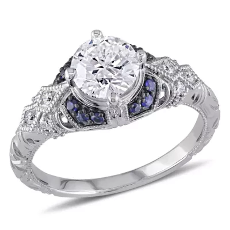1.01 ct. t.w. Diamond and Sapphire Accent Victorian Engagement Ring 14K White Gold