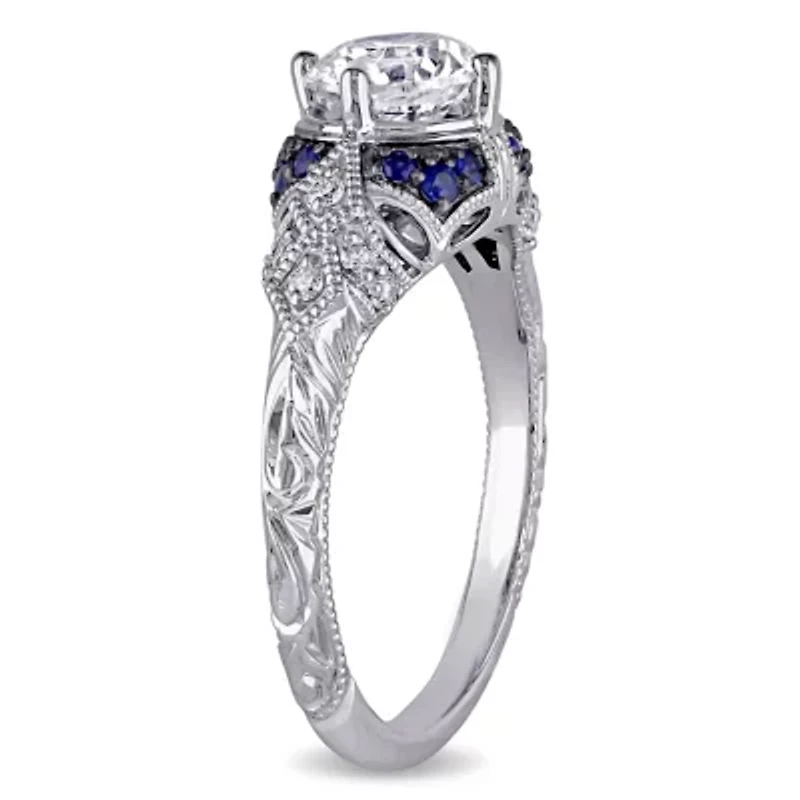 1.01 ct. t.w. Diamond and Sapphire Accent Victorian Engagement Ring 14K White Gold