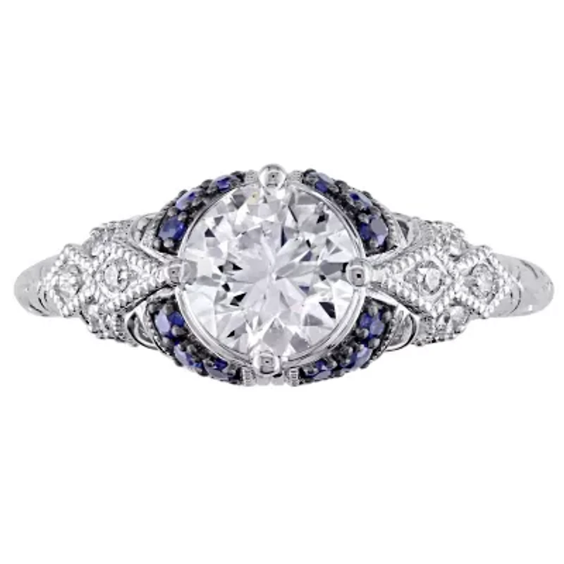 1.01 ct. t.w. Diamond and Sapphire Accent Victorian Engagement Ring 14K White Gold