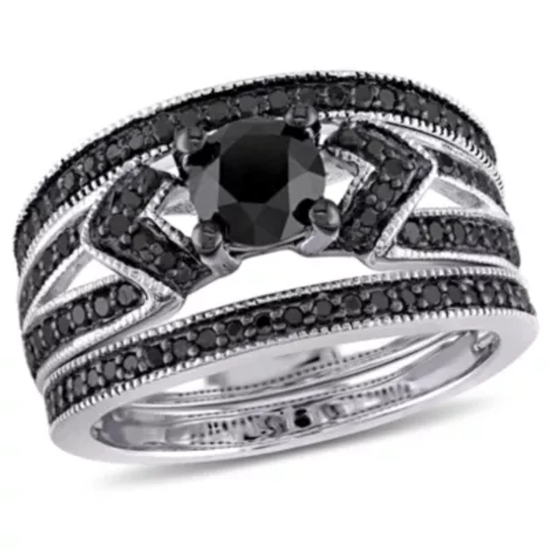 1.26 ct. t.w. Black Diamond Split Shank 3-Piece Bridal Set Sterling Silver with Rhodium Plated