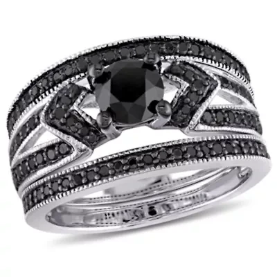 1.26 ct. t.w. Black Diamond Split Shank 3-Piece Bridal Set Sterling Silver with Rhodium Plated