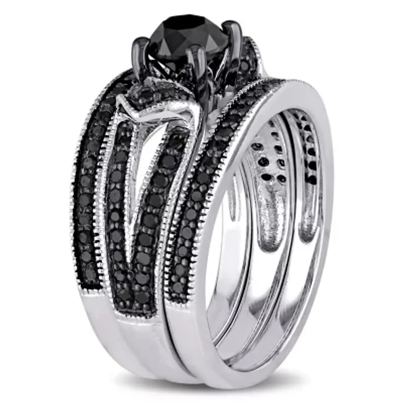 1.26 ct. t.w. Black Diamond Split Shank 3-Piece Bridal Set Sterling Silver with Rhodium Plated