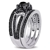 1.26 ct. t.w. Black Diamond Split Shank 3-Piece Bridal Set Sterling Silver with Rhodium Plated