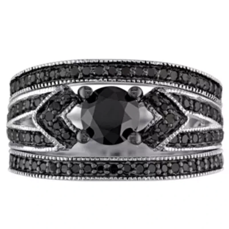 1.26 ct. t.w. Black Diamond Split Shank 3-Piece Bridal Set Sterling Silver with Rhodium Plated
