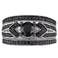 1.26 ct. t.w. Black Diamond Split Shank 3-Piece Bridal Set Sterling Silver with Rhodium Plated