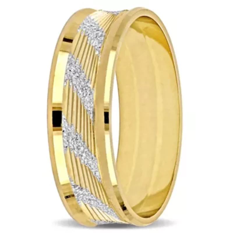 Ribbed and Striped Curved Men's Wedding Band 14K Yellow Gold