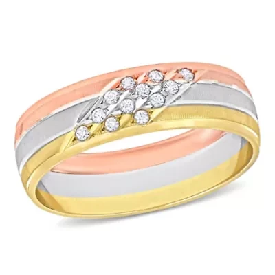 Cubic Zirconia 2-Row Ladies Wedding Band 14K Tri-Tone Gold