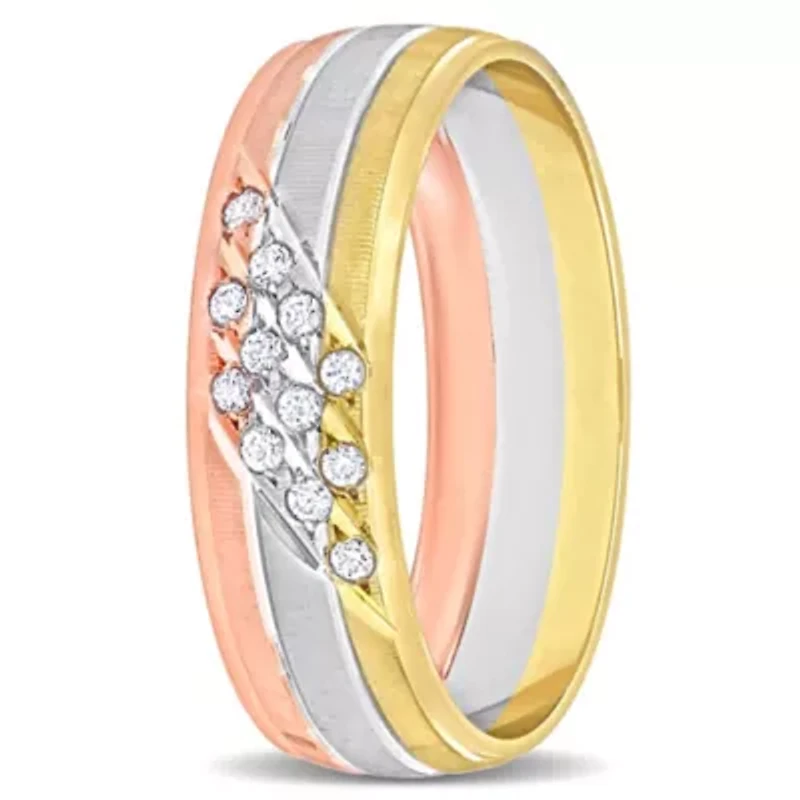 Cubic Zirconia 2-Row Ladies Wedding Band 14K Tri-Tone Gold
