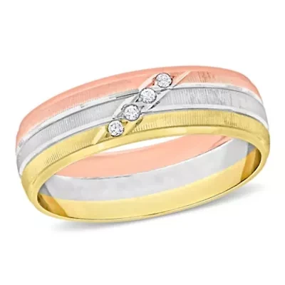 Cubic Zirconia Matte Men's Wedding Band 14K Tri-Tone Gold
