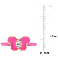 Lab Created White Sapphire Pink Enamel Butterfly Ring Yellow Plated Sterling Silver
