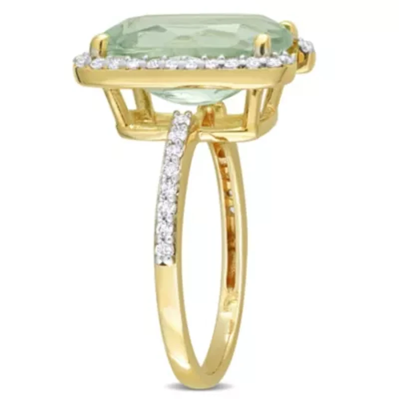 Green Quartz and White Topaz Semi Halo Ring Yellow Plated Sterling Silver
