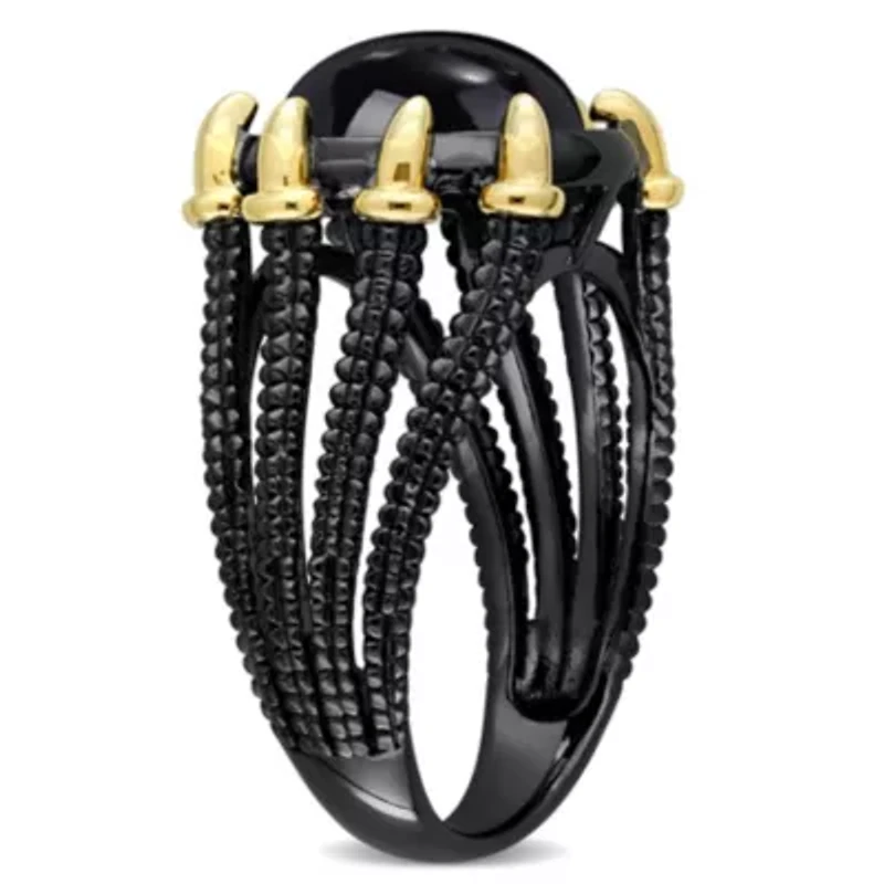 Malachite Roped Split-Shank Cocktail Ring Yellow and Black Rhodium Plated Sterling Silver