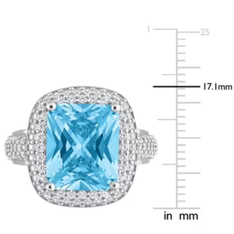 Light Blue Pastel & White Cubic Zirconia Double Halo Ring Sterling Silver