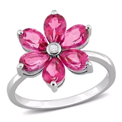 Pink Topaz and Diamond Accent Floral Ring 10K White Gold