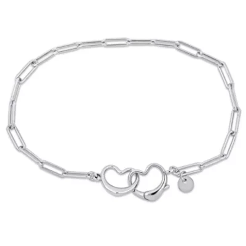 Paper Clip Link Bracelet with Double Heart Clasp in Sterling Silver - 7.5"