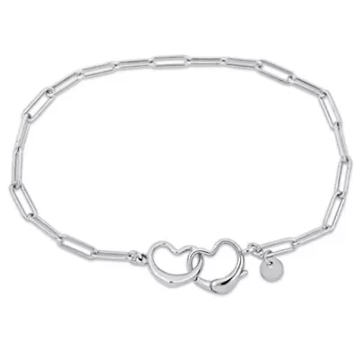 Paper Clip Link Bracelet with Double Heart Clasp in Sterling Silver - 7.5"