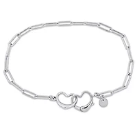 Paper Clip Link Bracelet with Double Heart Clasp in Sterling Silver - 7.5"
