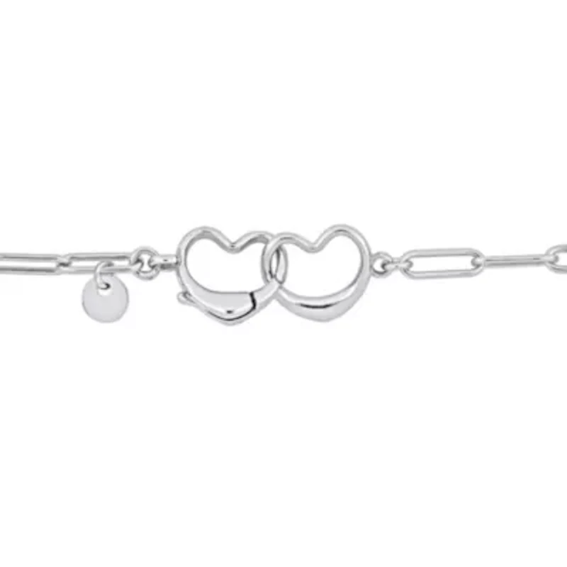 Paper Clip Link Bracelet with Double Heart Clasp in Sterling Silver - 7.5"