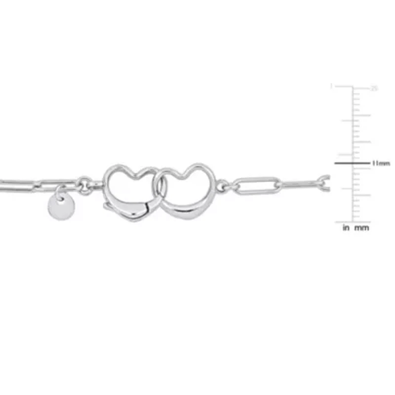 Paper Clip Link Bracelet with Double Heart Clasp in Sterling Silver - 7.5"