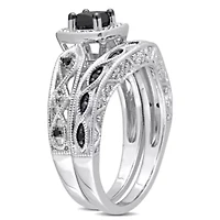 5/8 CT Black and White Diamond Princess-cut Halo Bridal Ring Set Sterling Silver